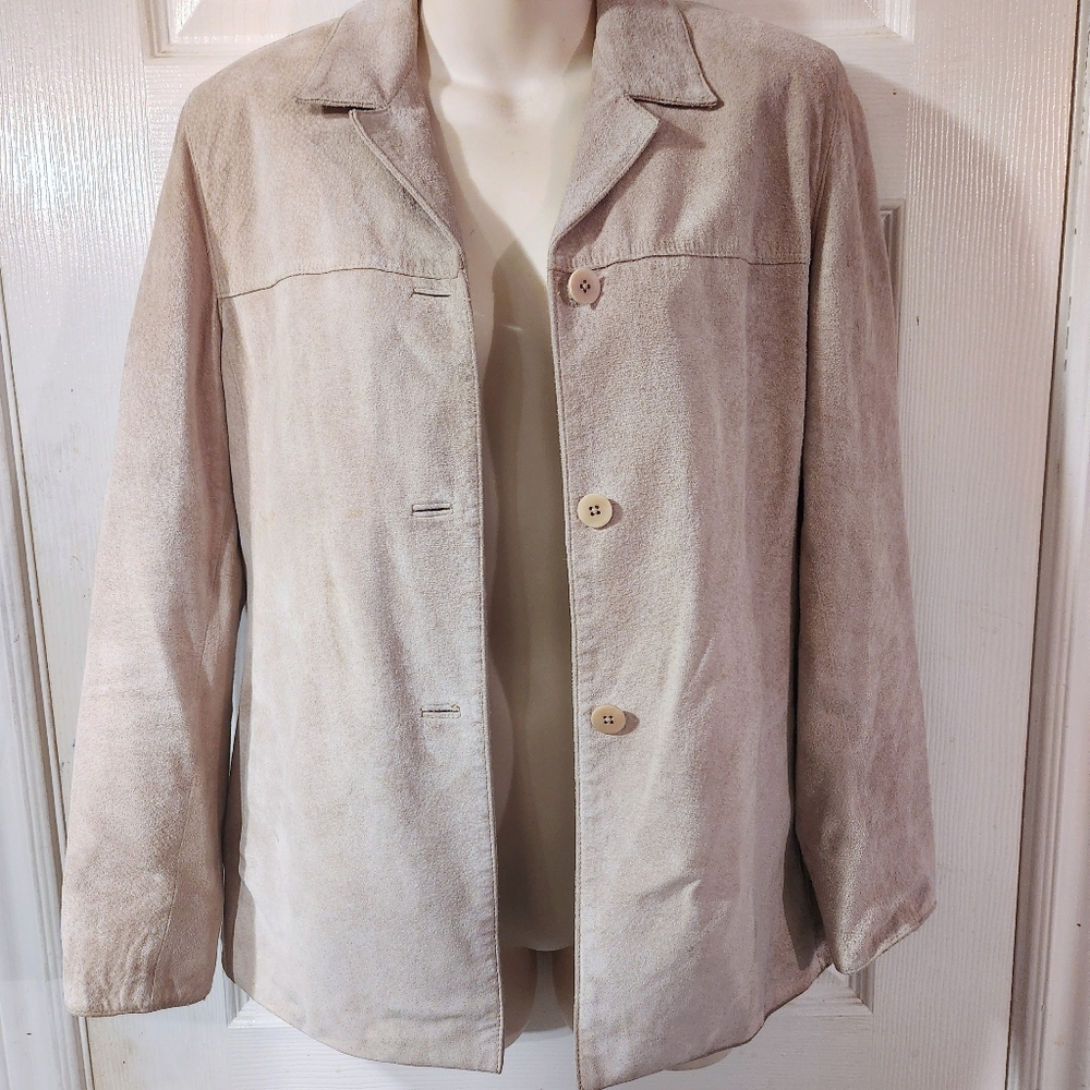 Lord & Taylor Suede Leather Blazer, Taupe / Cream Size Medium Petite